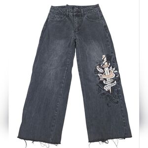 Ed Hardy Wide Leg Distressed Black Denim Size 26 "Death Before Dishonor"